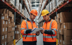 Two workers in a warehouse