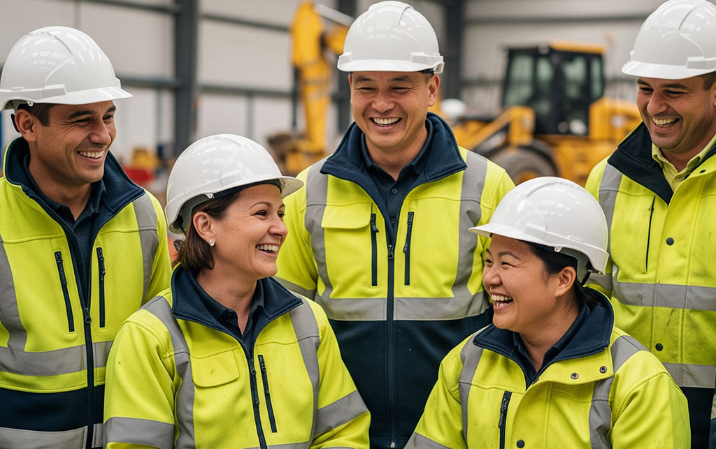 Team of workers with hard hats laughing together